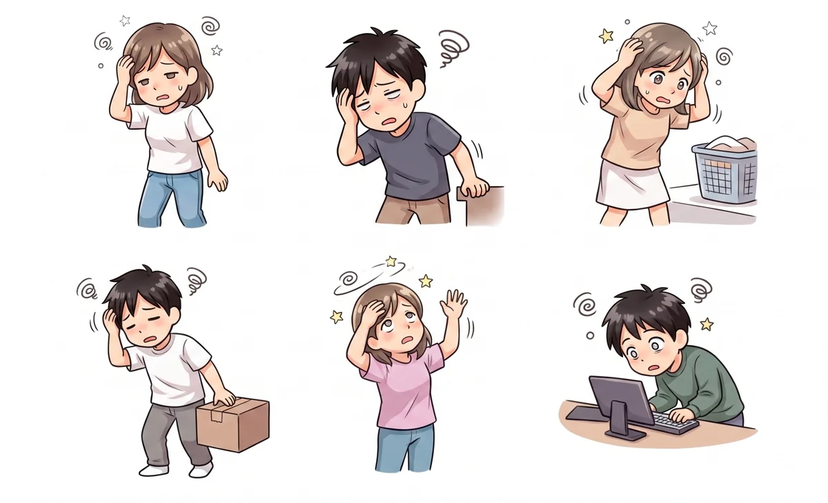 めまいやふらつきで不調を感じている人たちのイラスト