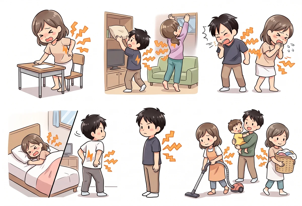 ぎっくり背中でよくある痛み方や日常動作のイメージ
