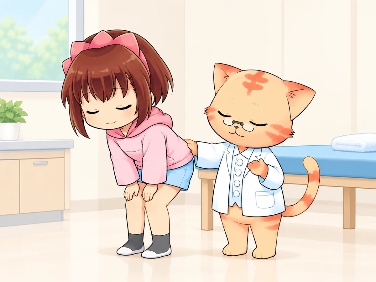 前かがみの動きと腰まわりの状態を確認するねこ先生となご美ちゃん