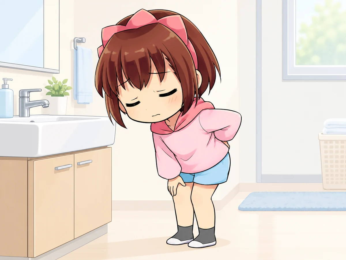 洗面台の前で腰の痛みに気づき、片手を太ももに添えるなご美ちゃん