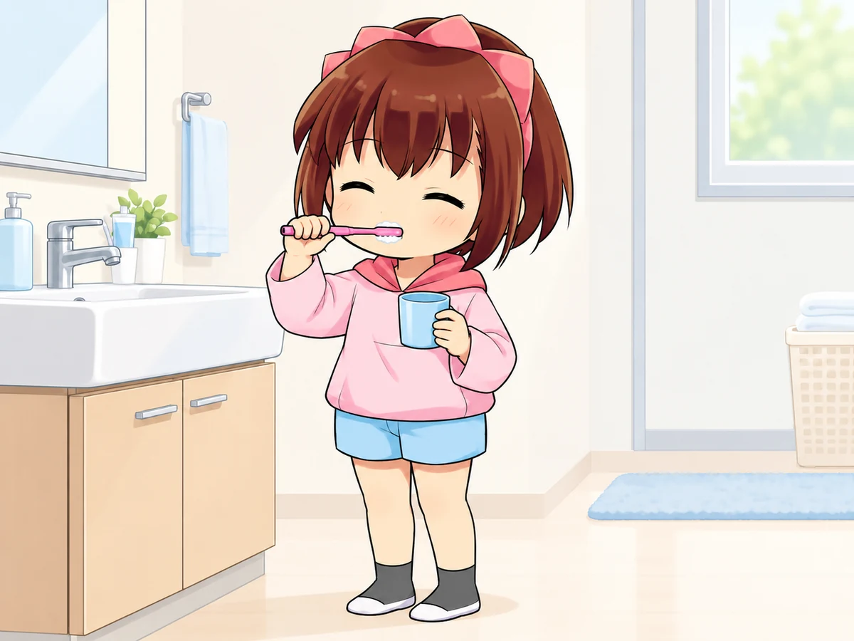 身体を起こした姿勢で歯を磨き、コップを持つなご美ちゃん