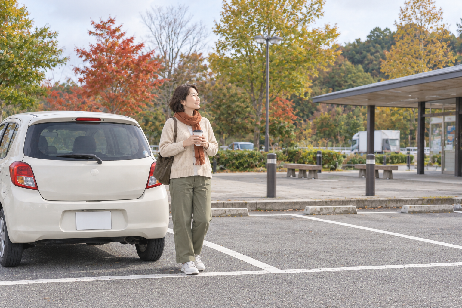 秋の休憩スペースで、停めた車のそばでひと息つく女性のイメージ画像