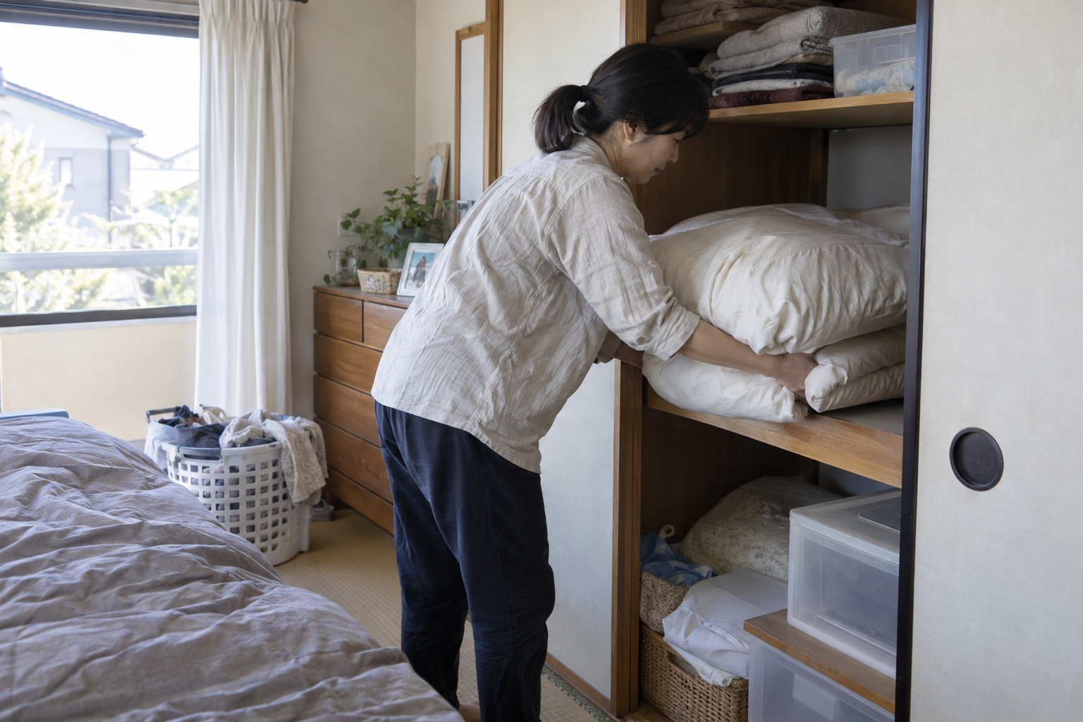 衣替えでかがんで布団を押し入れにしまう様子