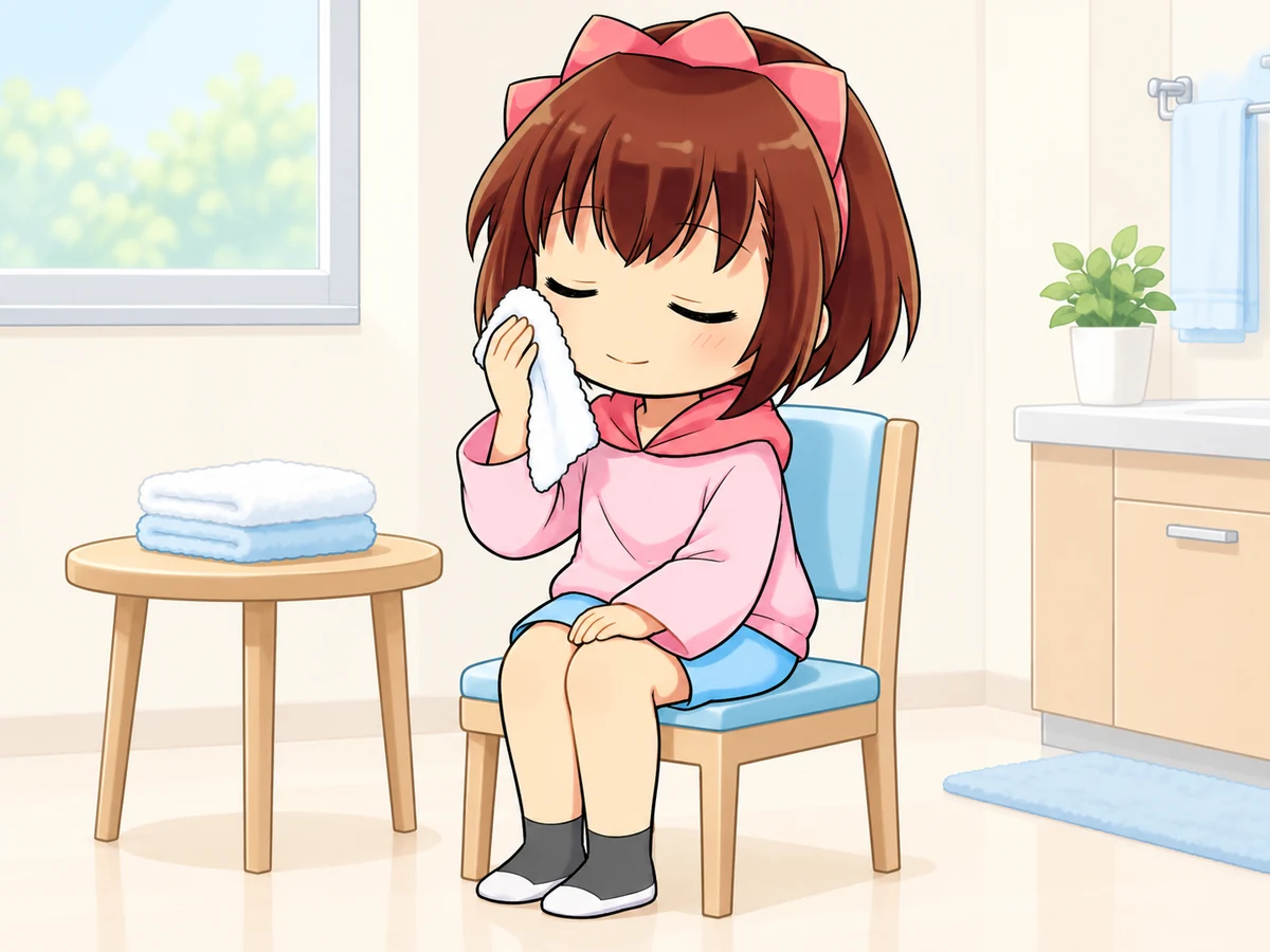 椅子に座り、濡れタオルで顔を拭くなご美ちゃん