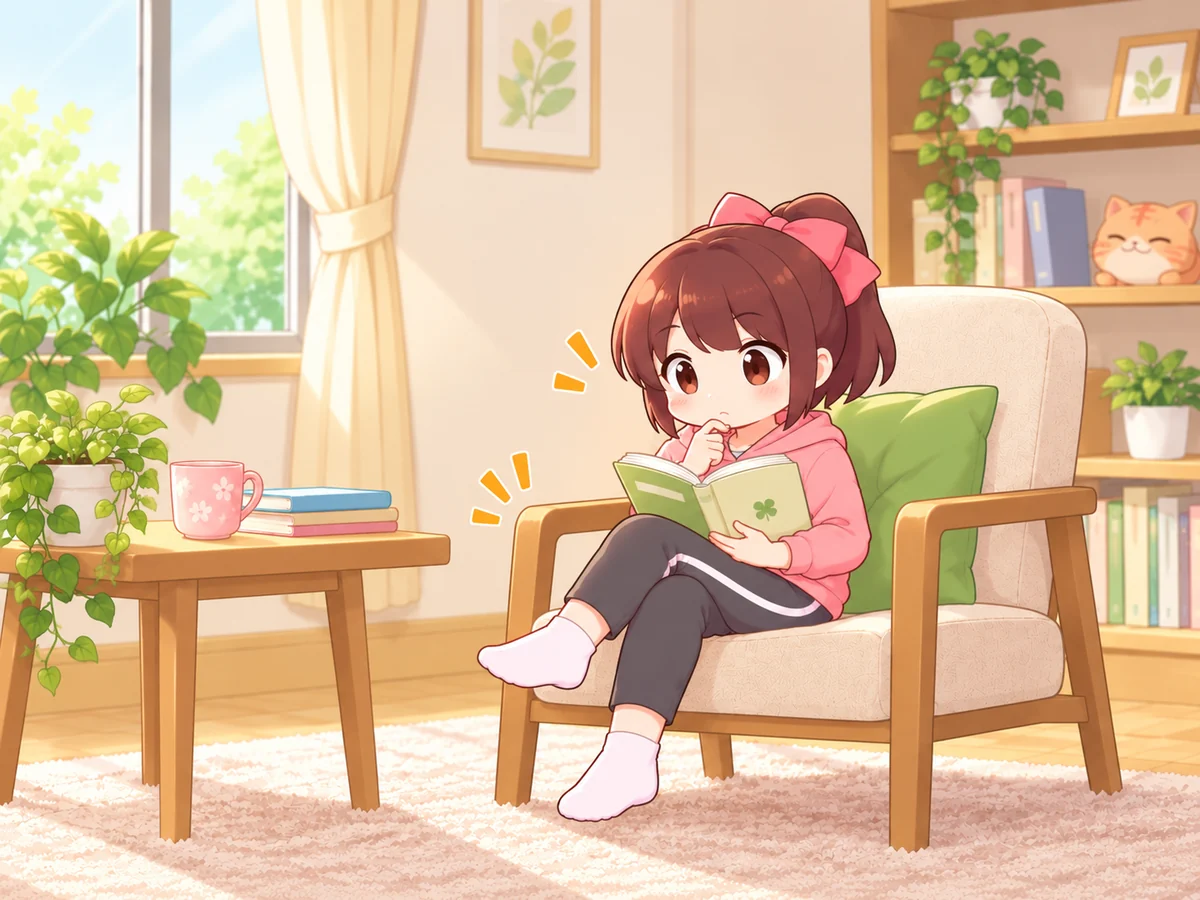 読書中、いつも同じ脚を組む癖に気づくなご美ちゃんのイラスト