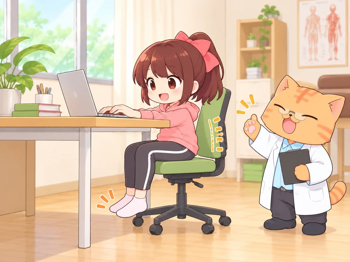 椅子や机の位置を見直すなご美ちゃんとねこ先生のイラスト