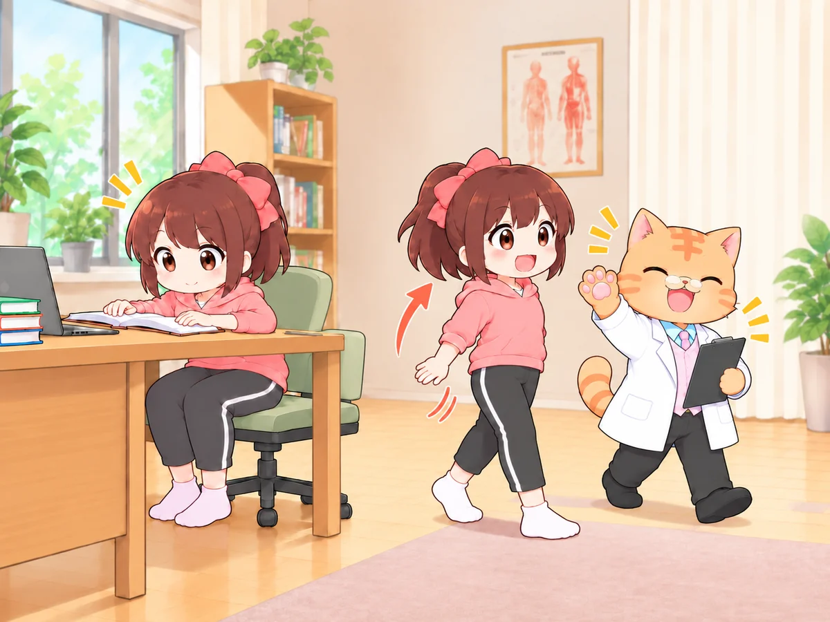 作業を一区切りにして席を立ち、歩き始めるなご美ちゃんとねこ先生のイラスト