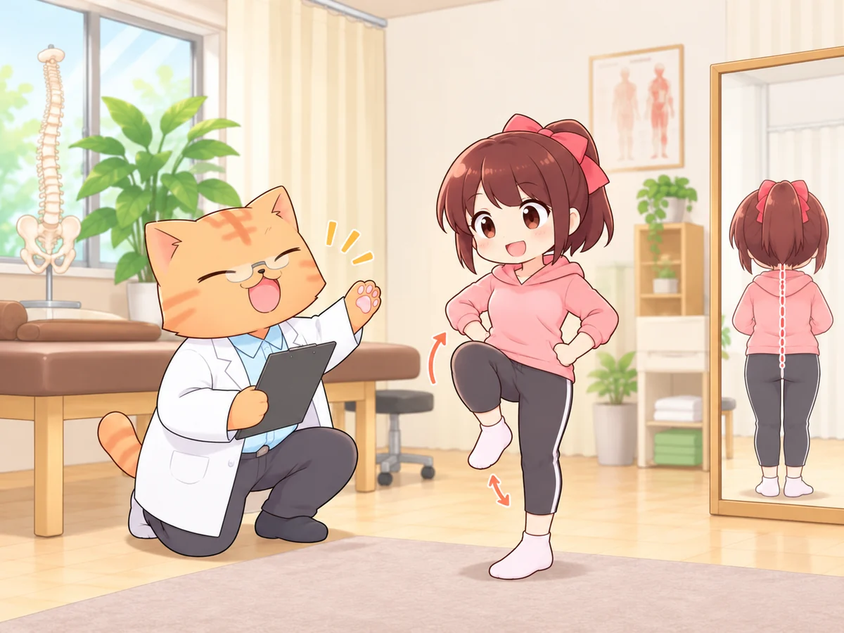 ねこ先生がなご美ちゃんの立った姿勢と股関節まわりの動きを確認するイラスト