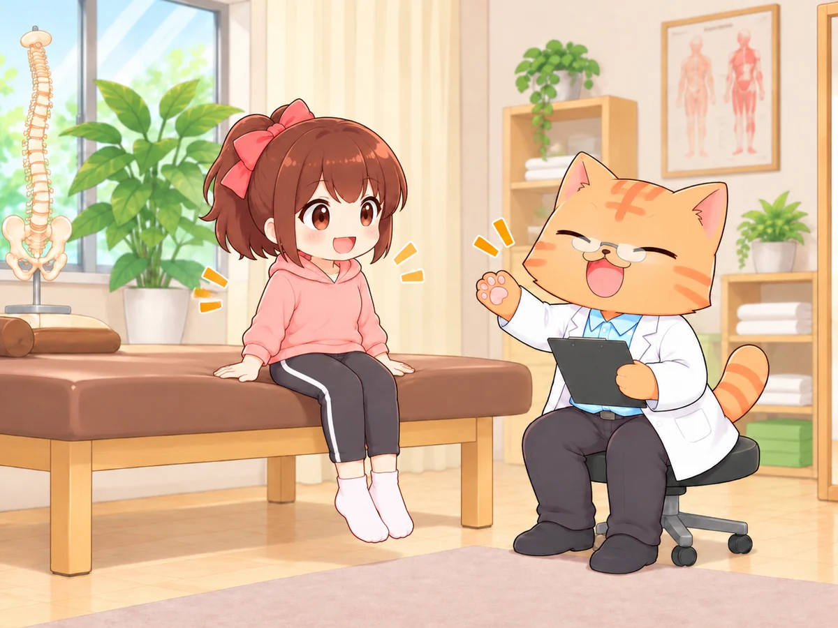 施術後の座り心地について、なご美ちゃんとねこ先生が話すイラスト