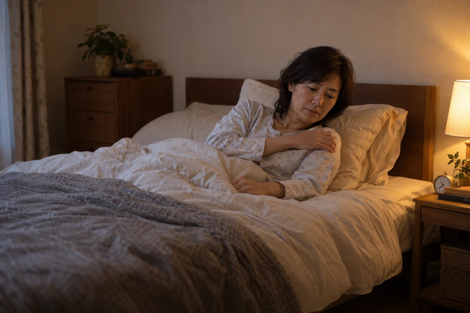 寝返りをしようとして肩に手を添える女性のイメージ