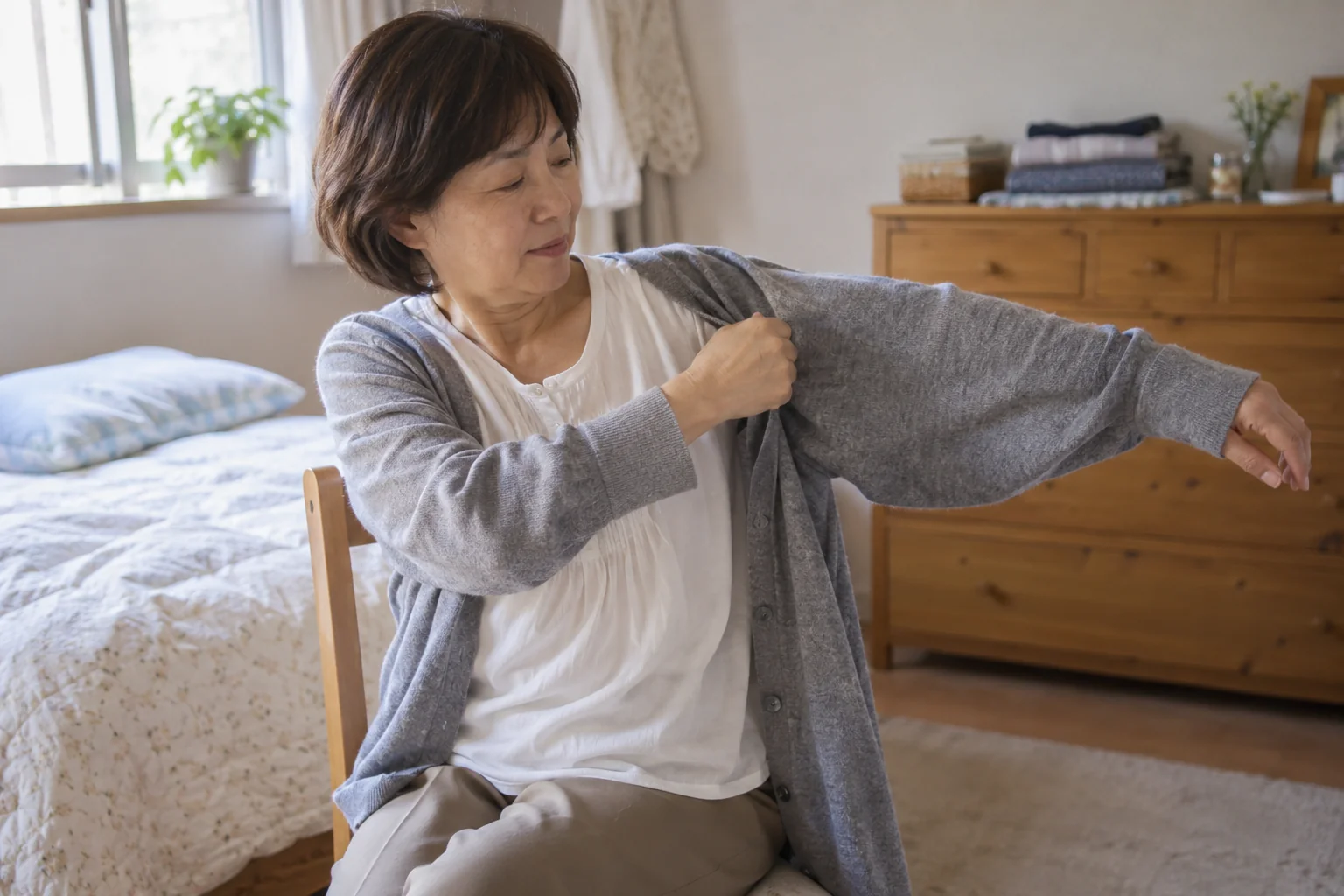 前開きのカーディガンに袖を通す女性の生活場面のイメージ