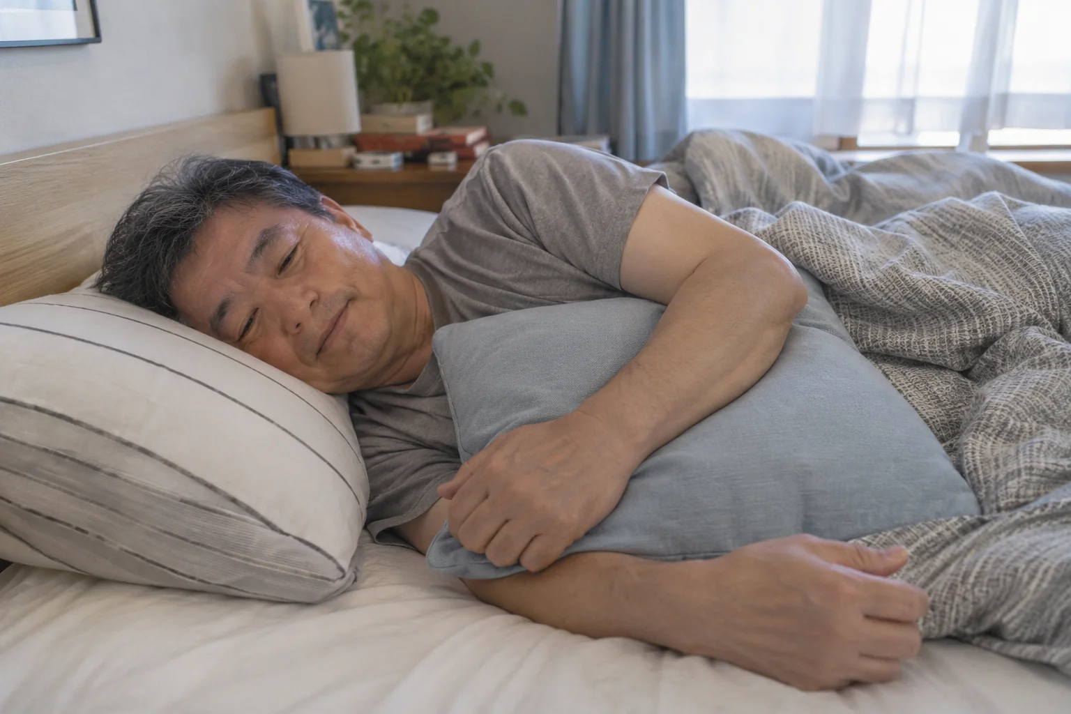 寝るときにクッションで上側の腕を支える男性のイメージ