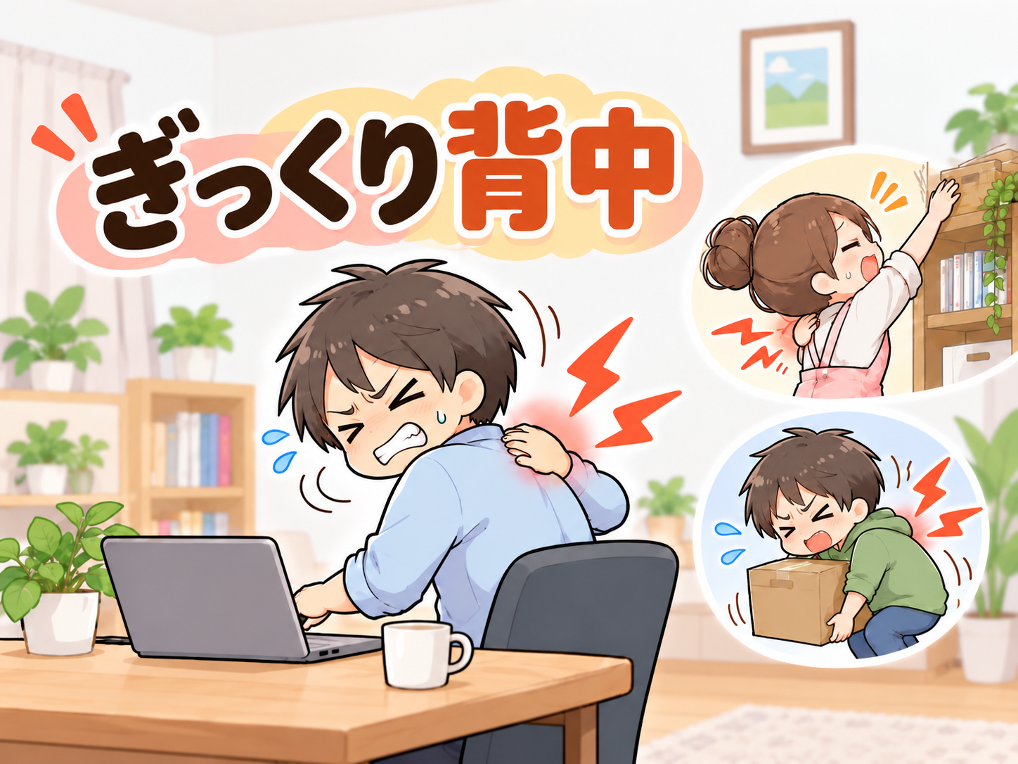 仕事中や腕を伸ばす動作、荷物を持つ動作で背中に痛みを感じる人を描いた「ぎっくり背中」のイラスト