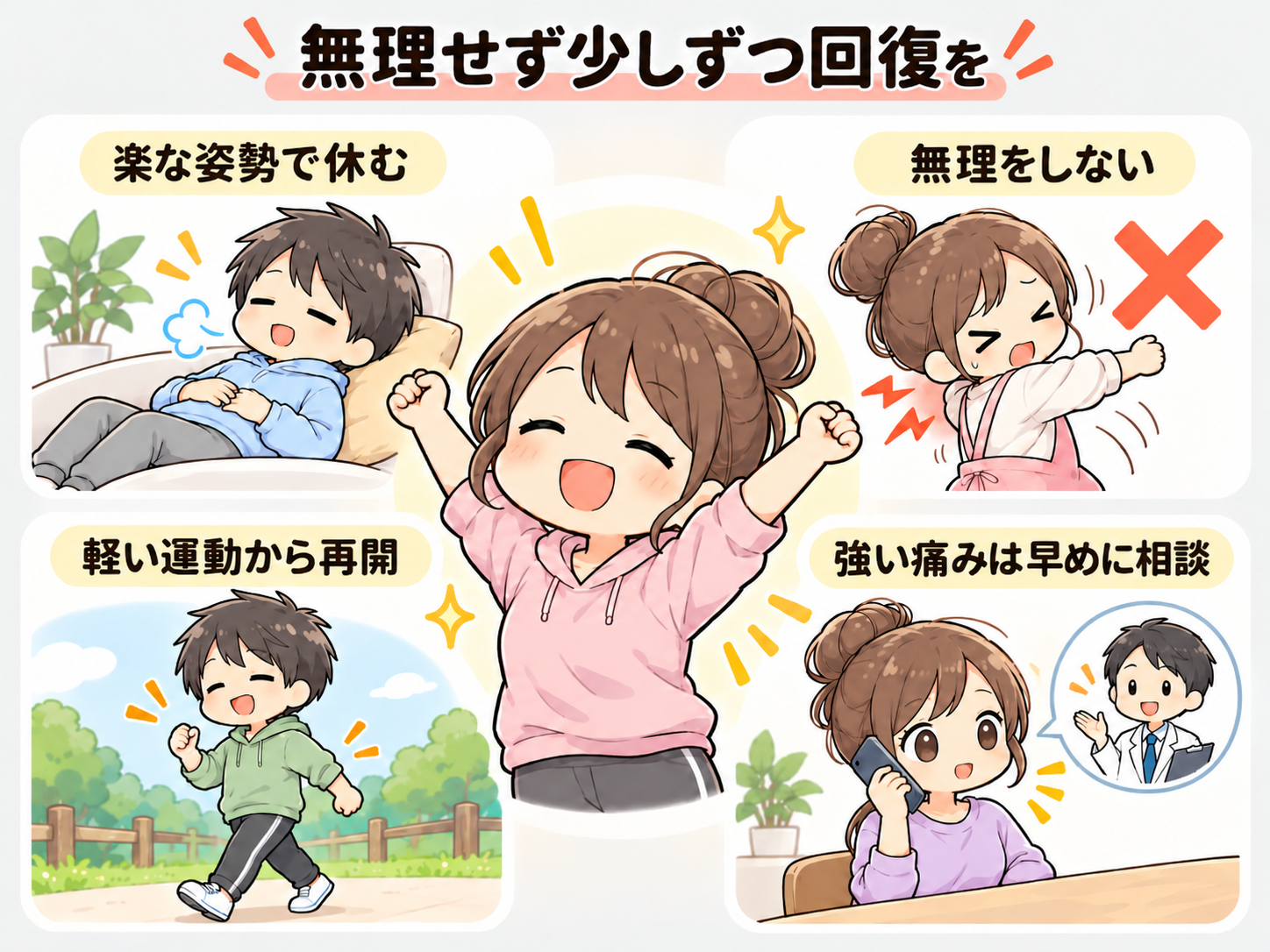 楽な姿勢で休む、無理をしない、軽い運動から再開し、強い痛みは早めに相談することをまとめたイラスト