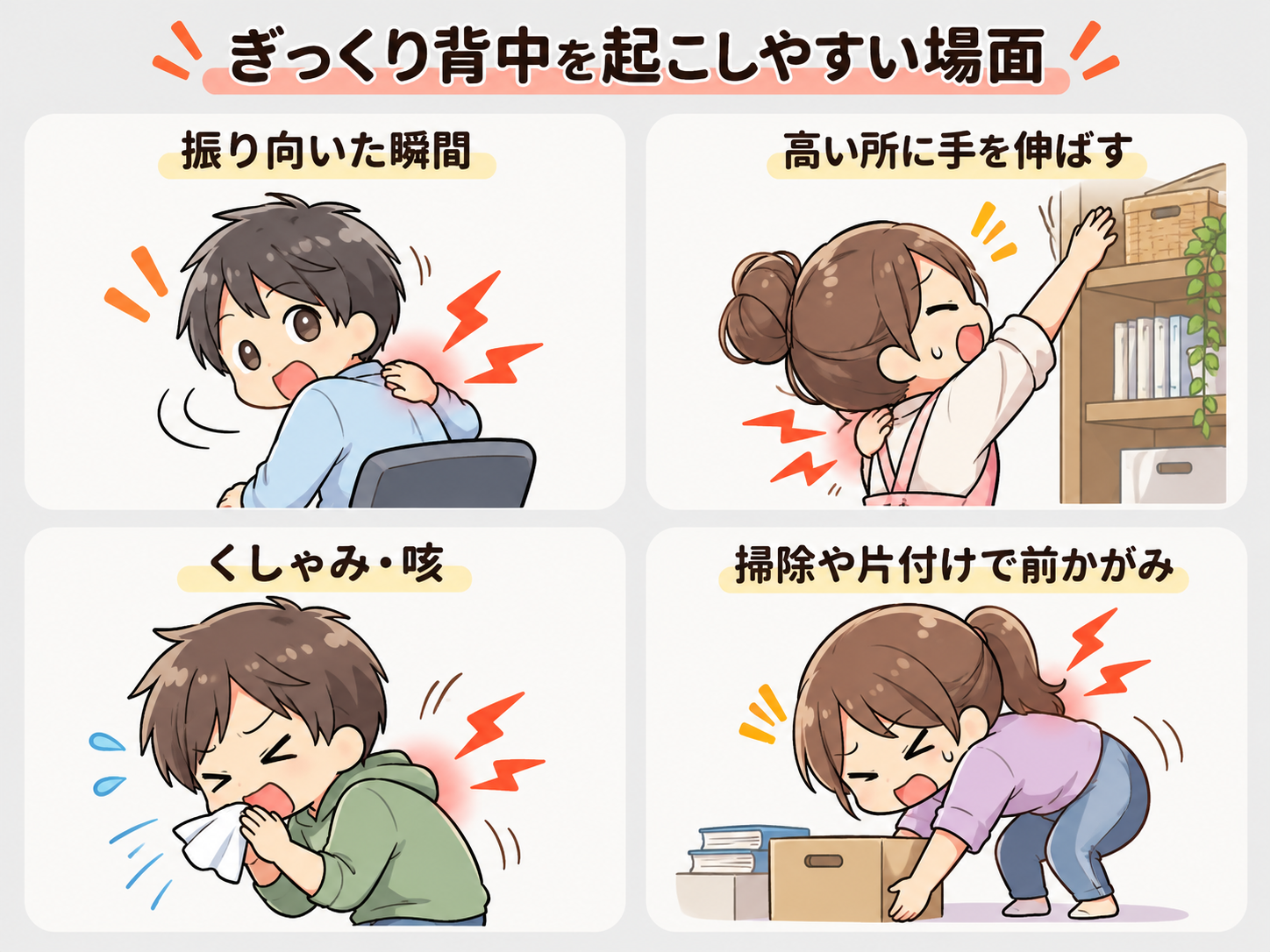 振り向く、高い所に手を伸ばす、くしゃみ・咳、前かがみで背中に痛みが出る場面のイラスト